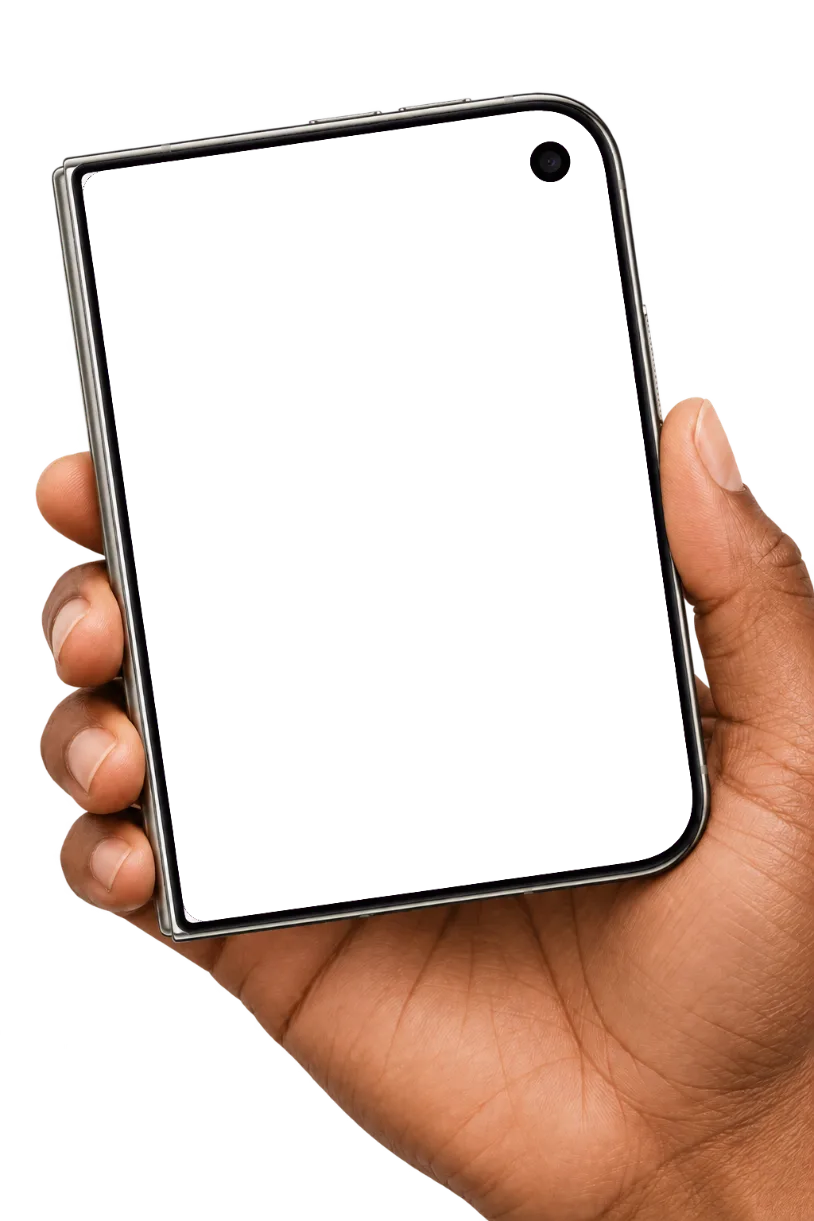 A hand holding the folded iPhone Duo, cycling through CartCraft's screens