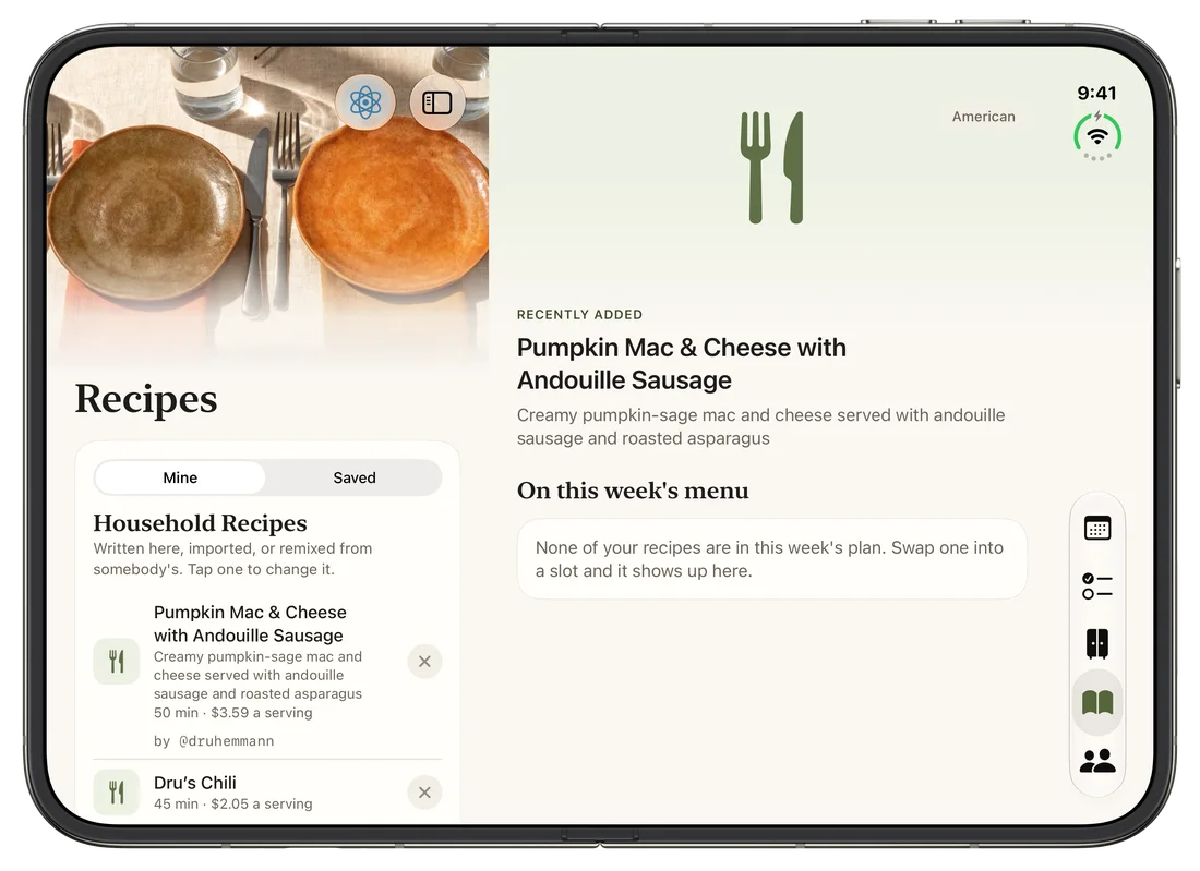 The unfolded iPhone Duo on Recipes: household recipes beside a recently added one