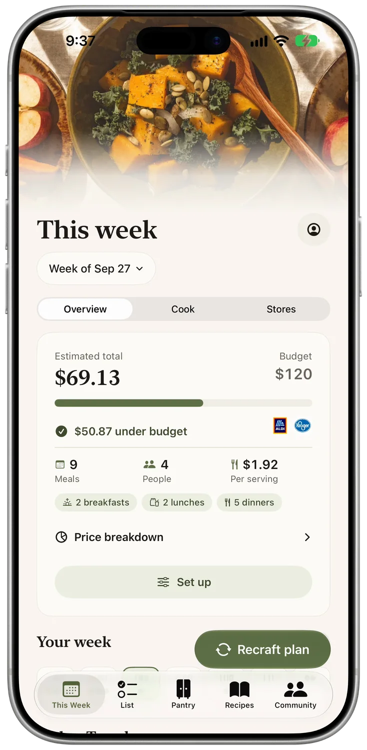 An iPhone on This week: the estimated total against the budget, and the cost per serving