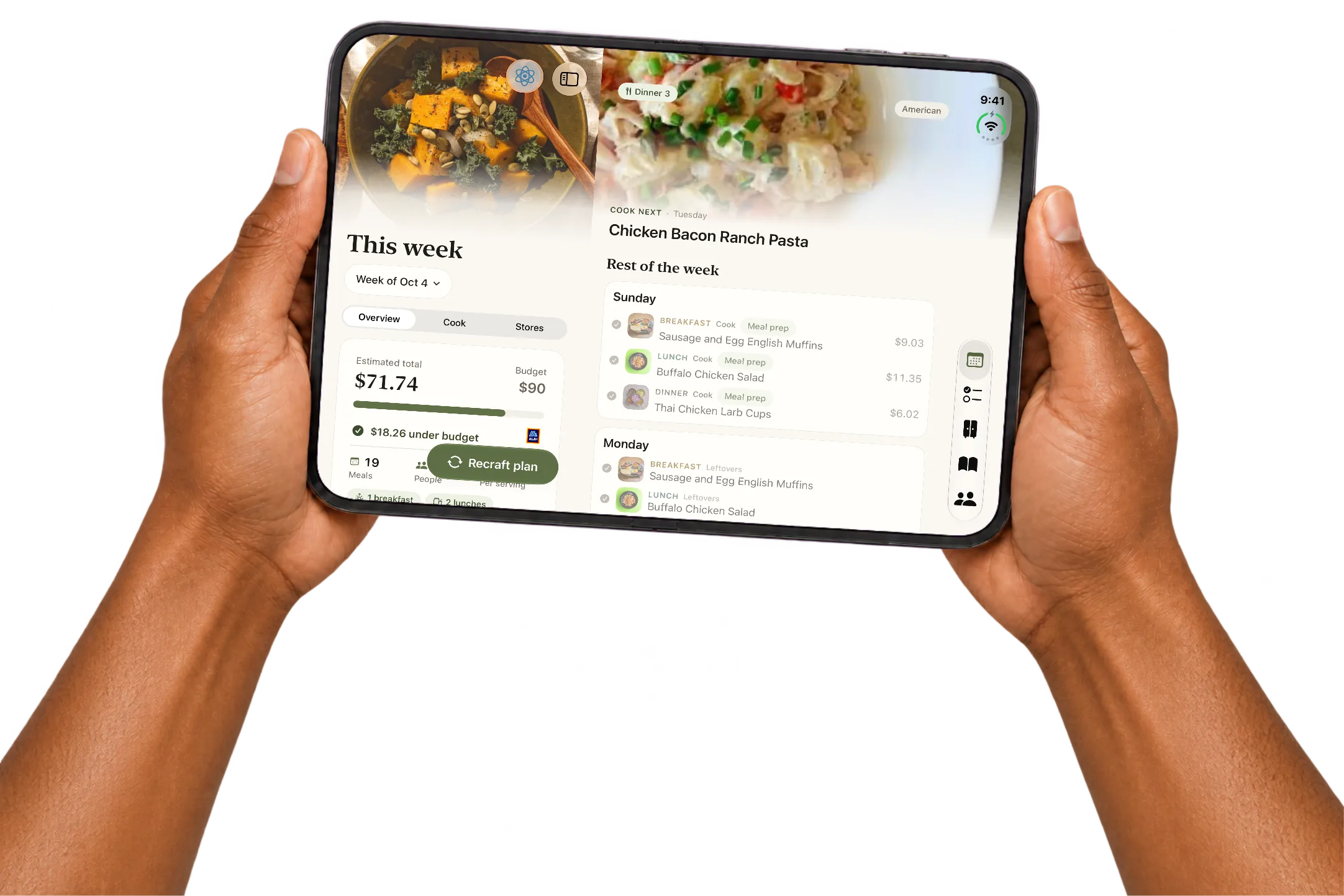 Two hands holding the unfolded iPhone Duo on This week: the week's meals beside the dish to cook next