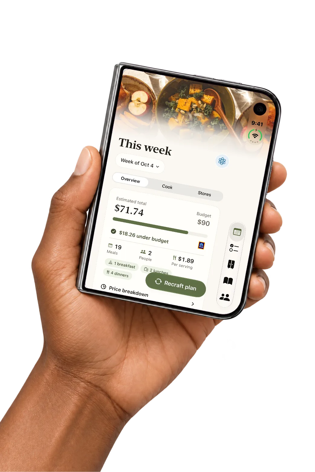 A hand holding the folded iPhone Duo on This week, $71.74 for the week
